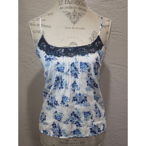 LC Lauren Conrad Blue Lace Floral Print Spaghetti Strap Tank Top Shirt - Picture 8 of 8